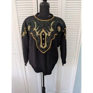Vtg Victoria Harbour Womens M Wickedly Green Gold Bedazzled Sweater Beaded Fairy